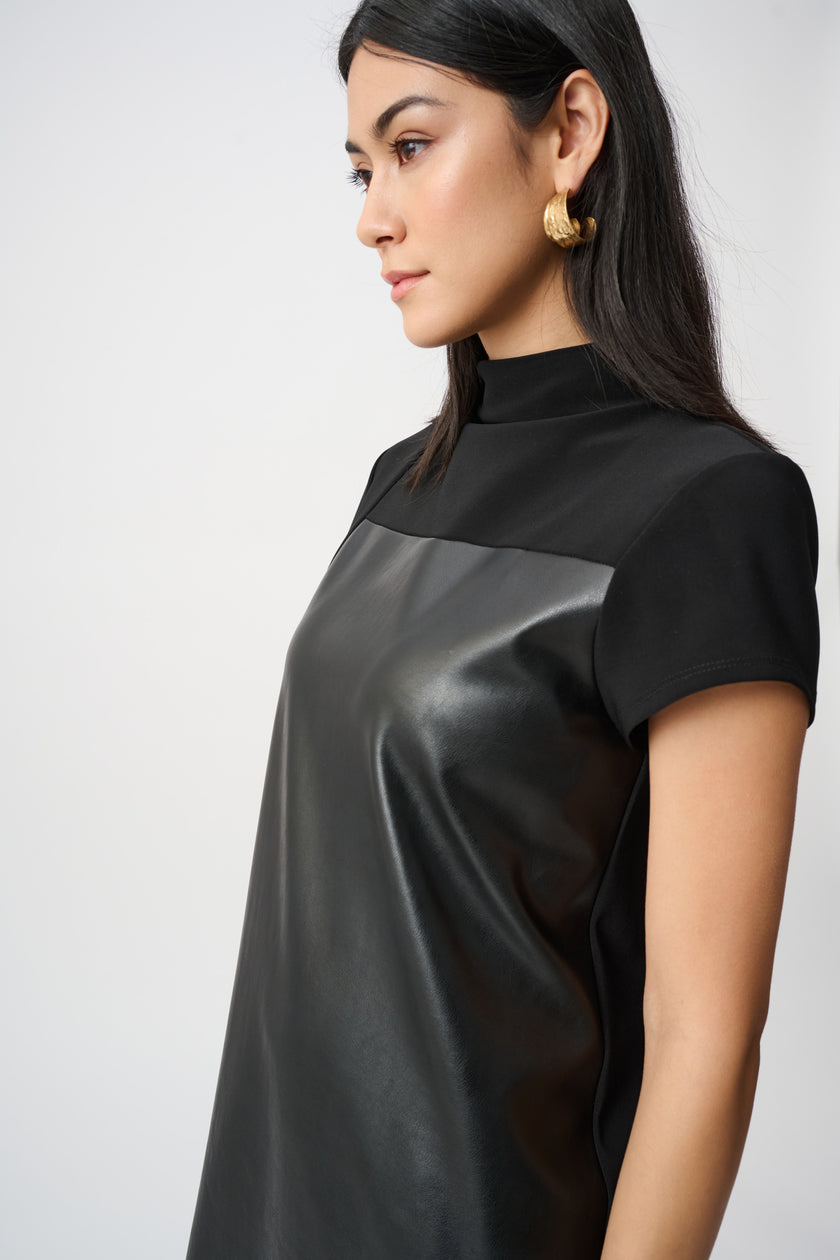 LEATHERETTE AND SILKY KNIT MOCK NECK STRAIGHT DRESS