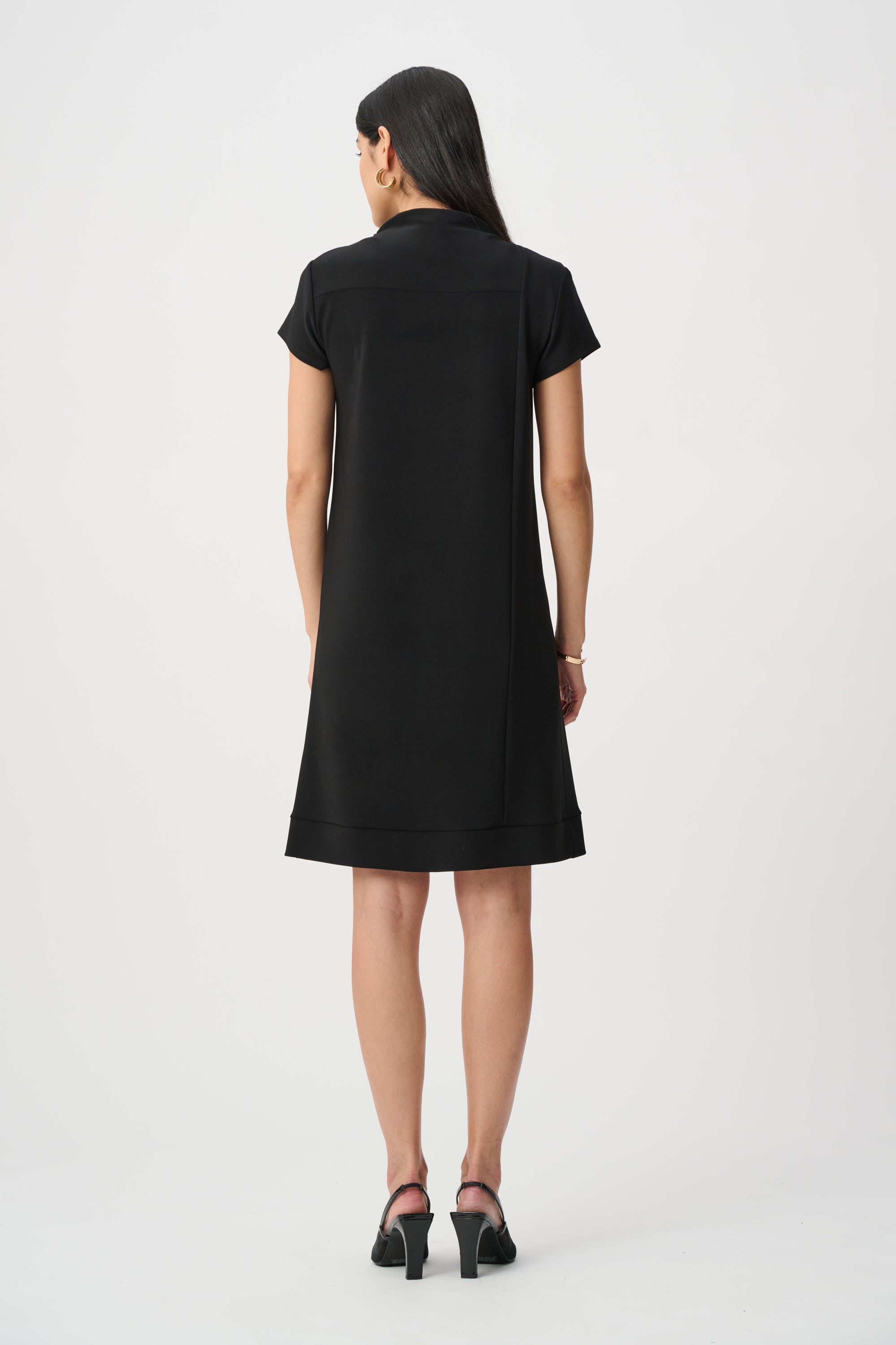 LEATHERETTE AND SILKY KNIT MOCK NECK STRAIGHT DRESS