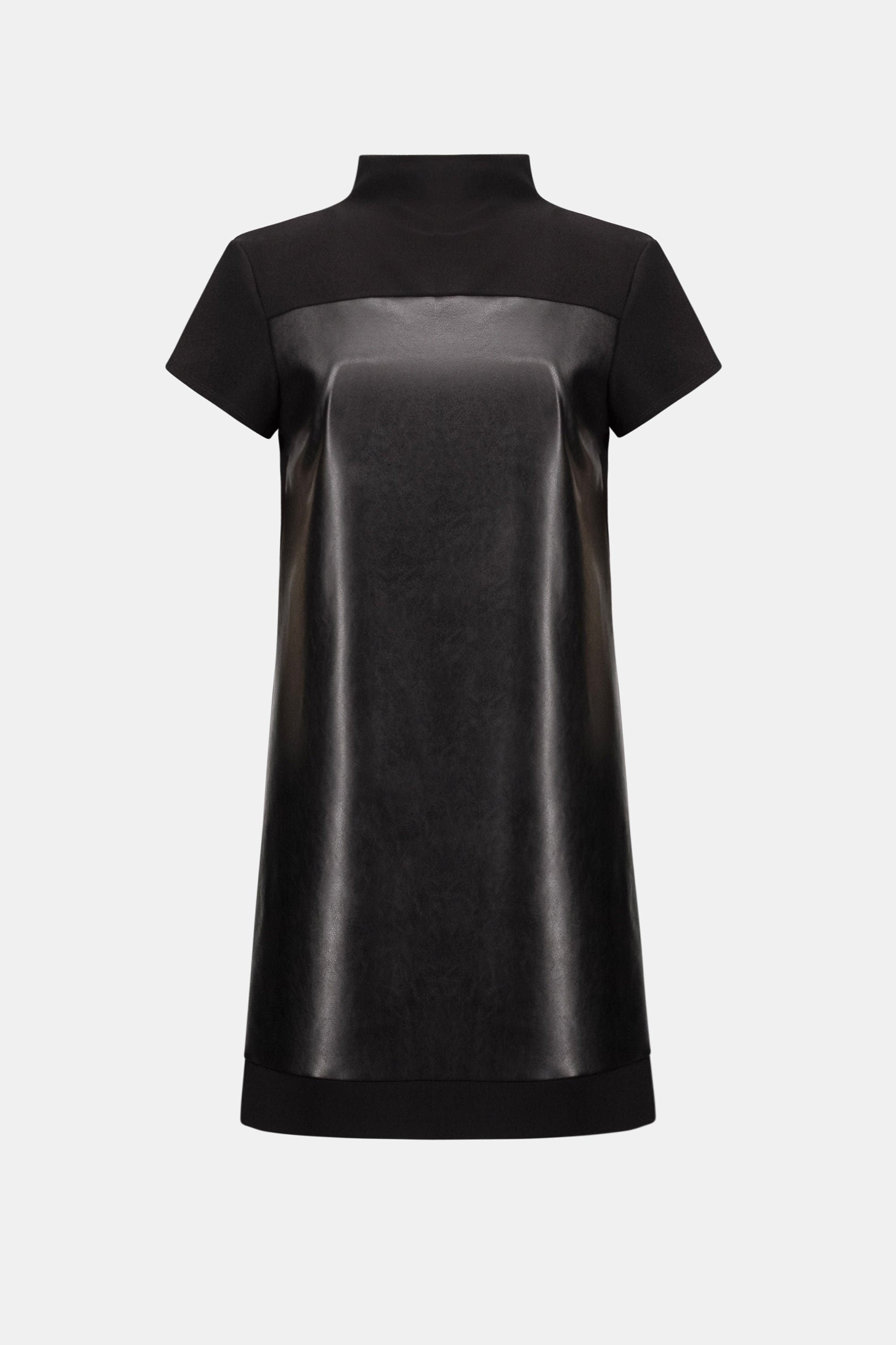 LEATHERETTE AND SILKY KNIT MOCK NECK STRAIGHT DRESS