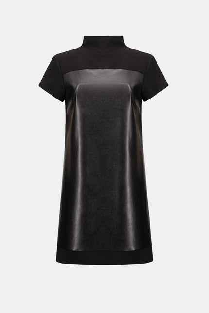 LEATHERETTE AND SILKY KNIT MOCK NECK STRAIGHT DRESS