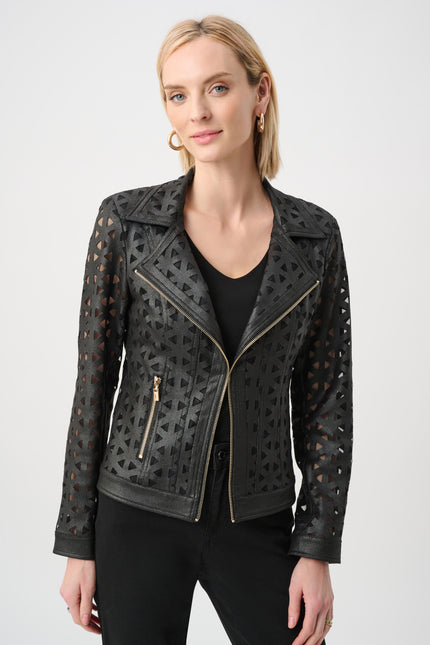 FOILED FAUX SUEDE AND MESH MOTO JACKET