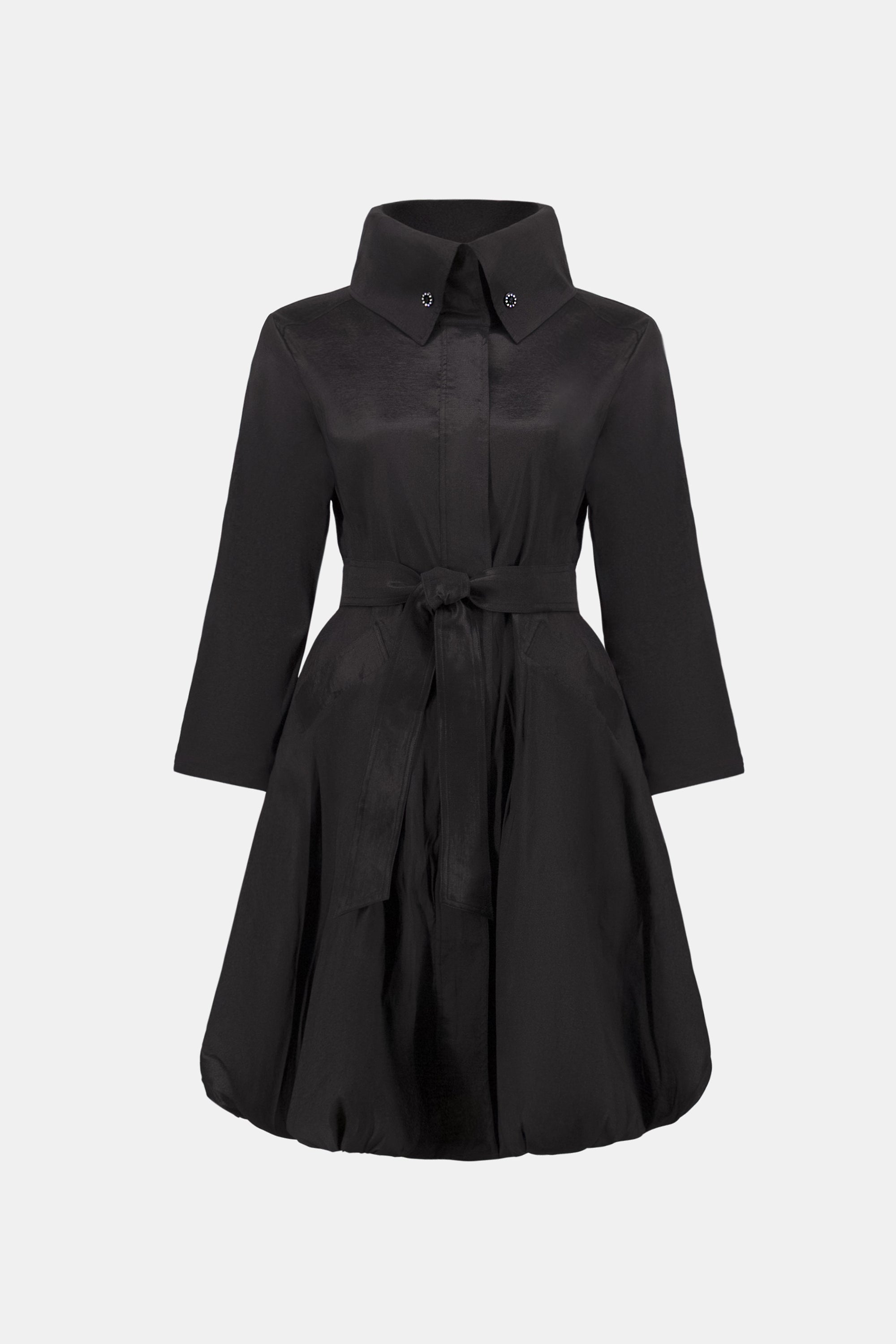 STRETCH TAFFETA BELTED FIT AND FLARE BALLOON COAT