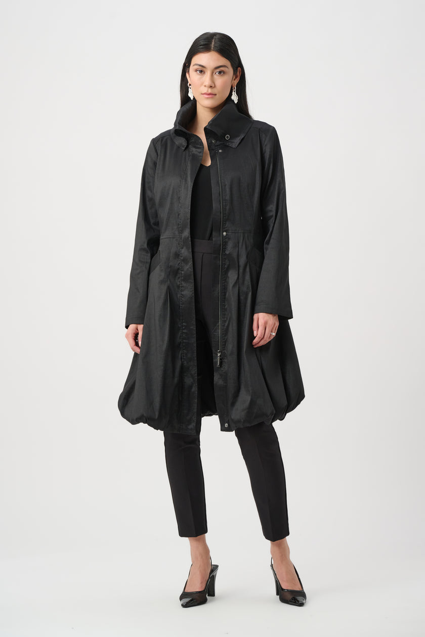 STRETCH TAFFETA BELTED FIT AND FLARE BALLOON COAT