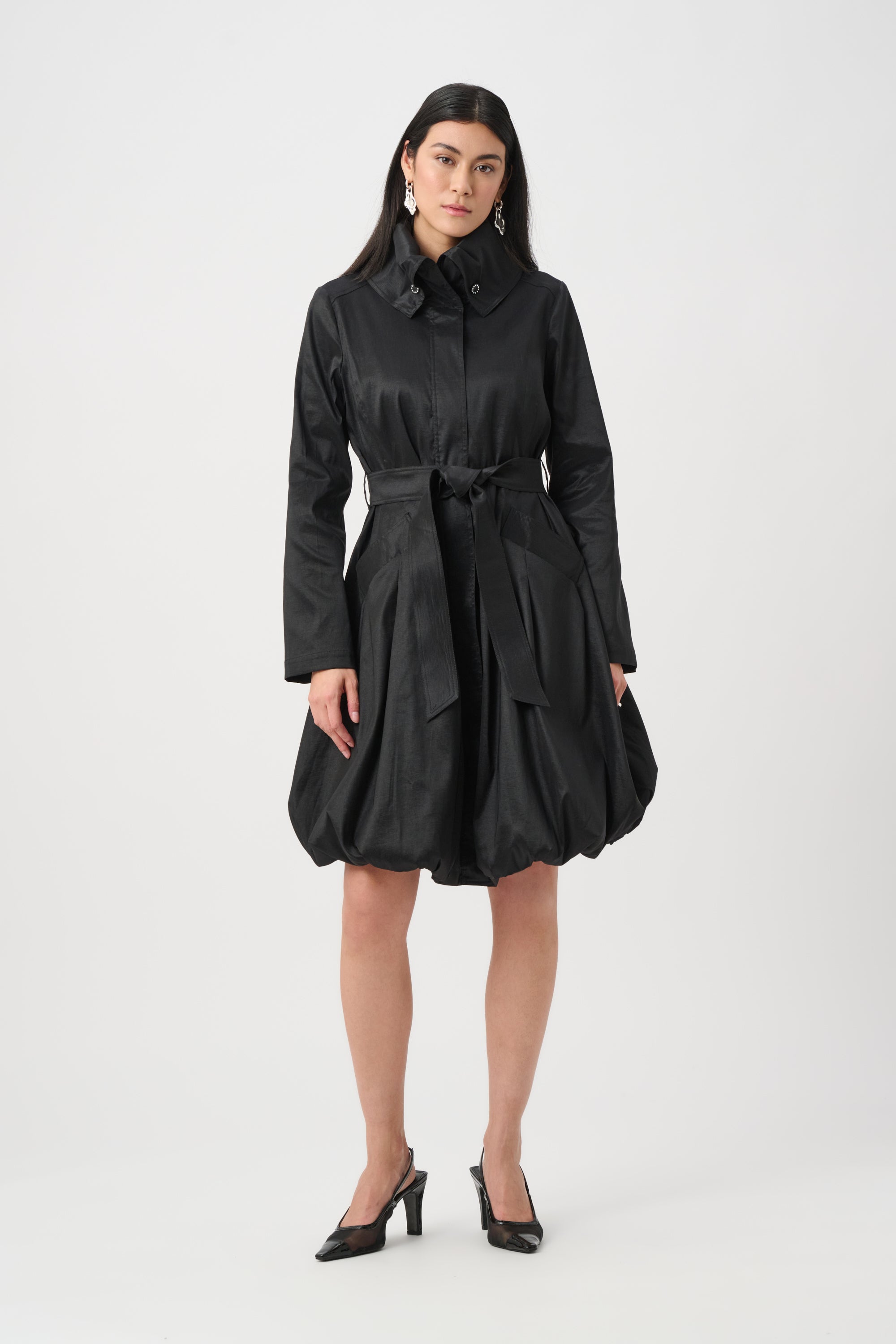 STRETCH TAFFETA BELTED FIT AND FLARE BALLOON COAT