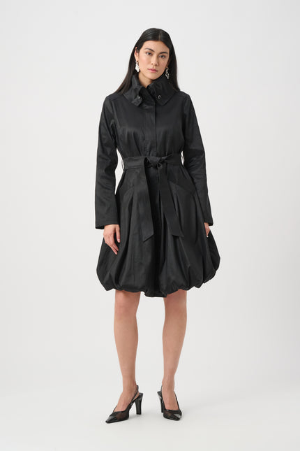 STRETCH TAFFETA BELTED FIT AND FLARE BALLOON COAT