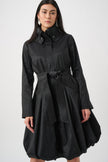 STRETCH TAFFETA BELTED FIT AND FLARE BALLOON COAT