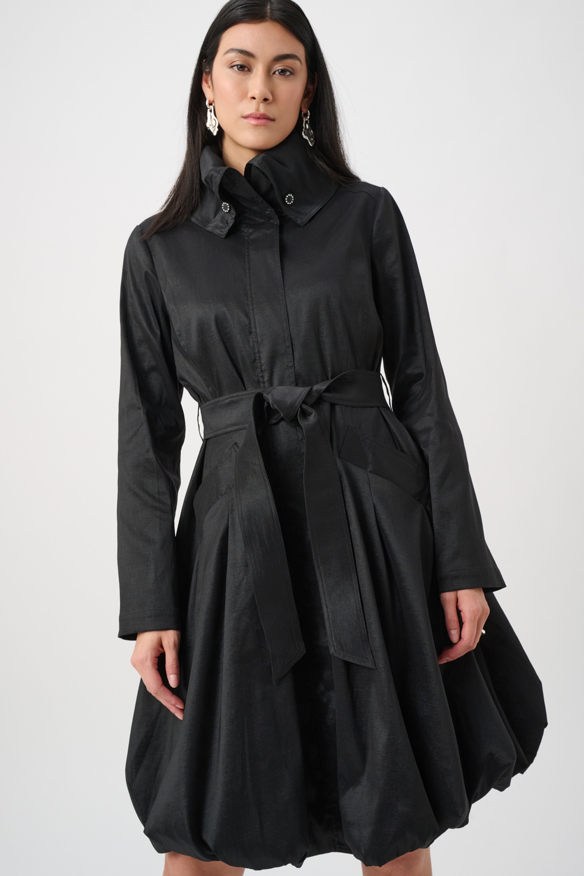 STRETCH TAFFETA BELTED FIT AND FLARE BALLOON COAT