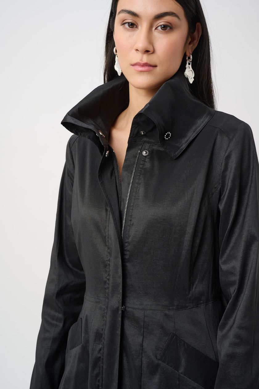 STRETCH TAFFETA BELTED FIT AND FLARE BALLOON COAT