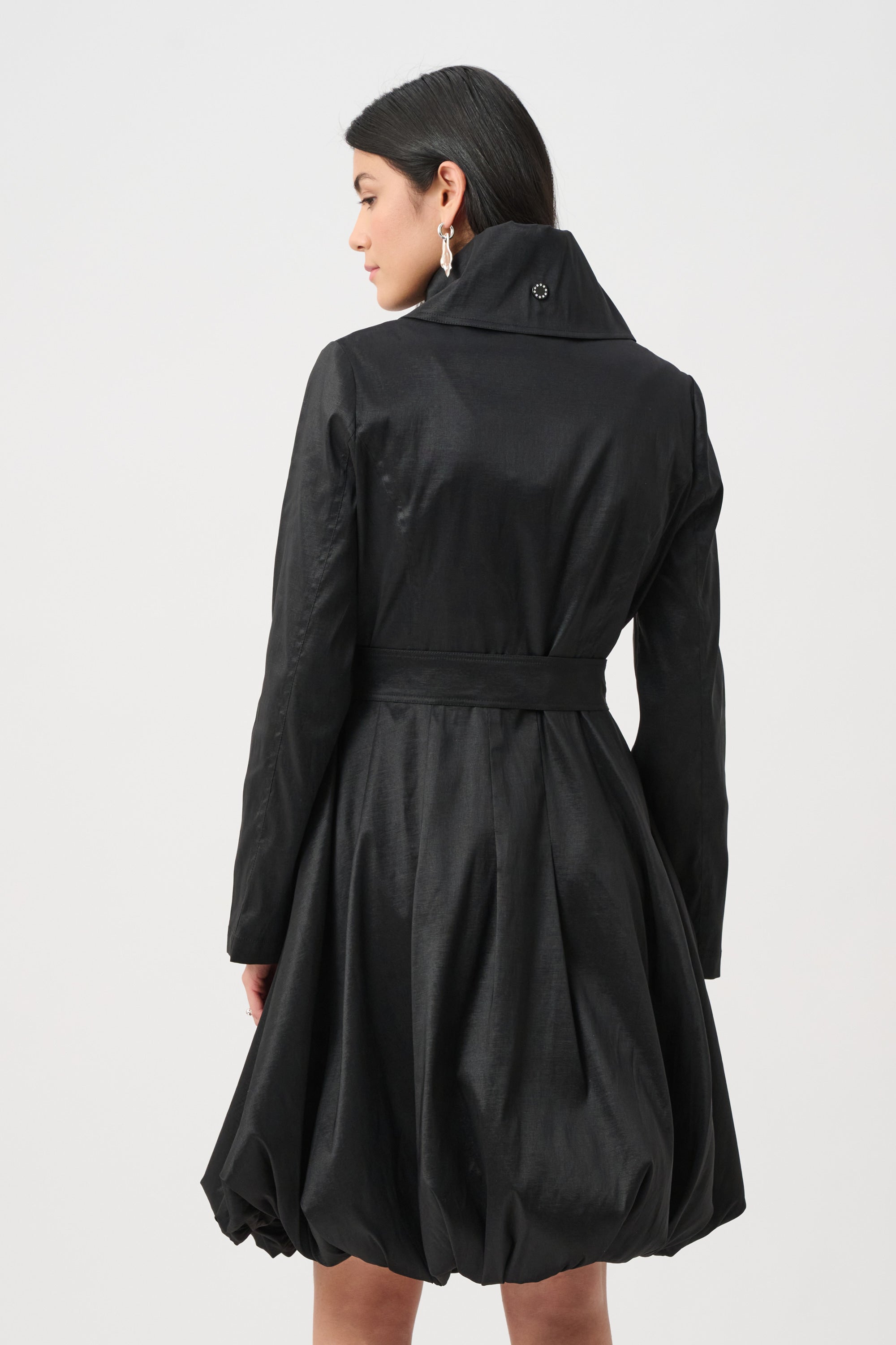 STRETCH TAFFETA BELTED FIT AND FLARE BALLOON COAT