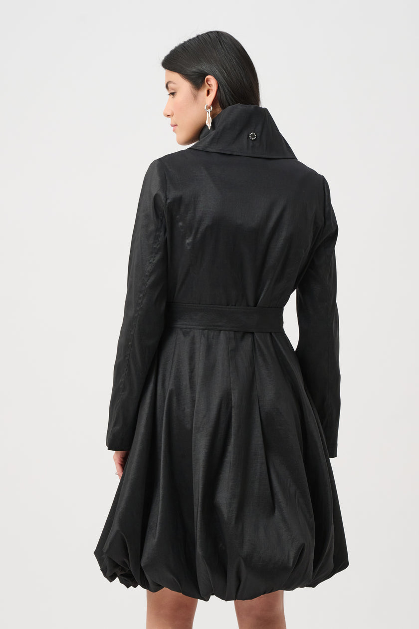 STRETCH TAFFETA BELTED FIT AND FLARE BALLOON COAT
