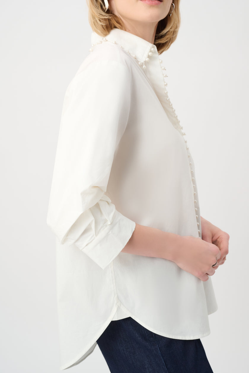 COTTON POPLIN PEARL TRIM BOXY BLOUSE