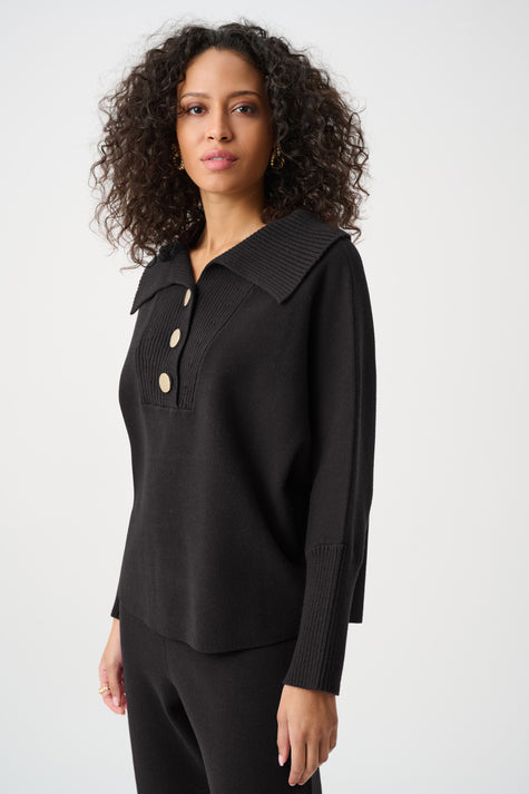 BRUSHED VISCOSE AND NYLON SHAWL NECK SWEATER IN BLACK