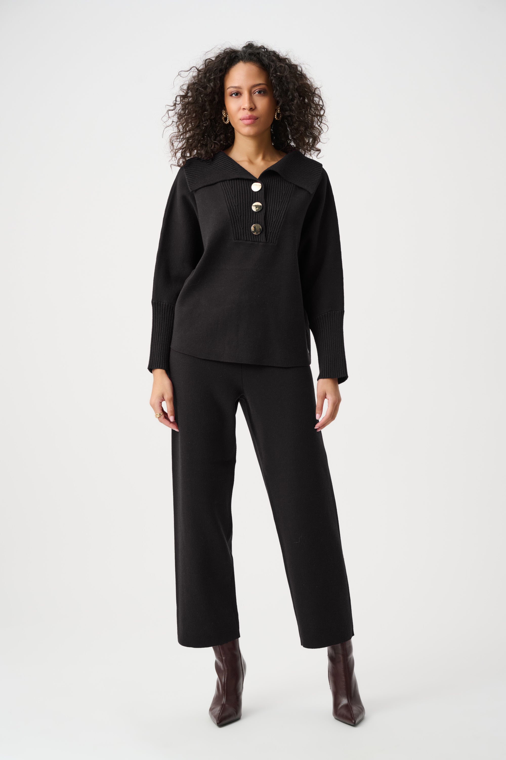 BRUSHED VISCOSE AND NYLON SHAWL NECK SWEATER IN BLACK