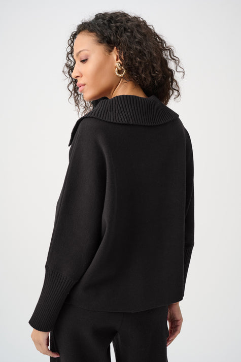BRUSHED VISCOSE AND NYLON SHAWL NECK SWEATER IN BLACK