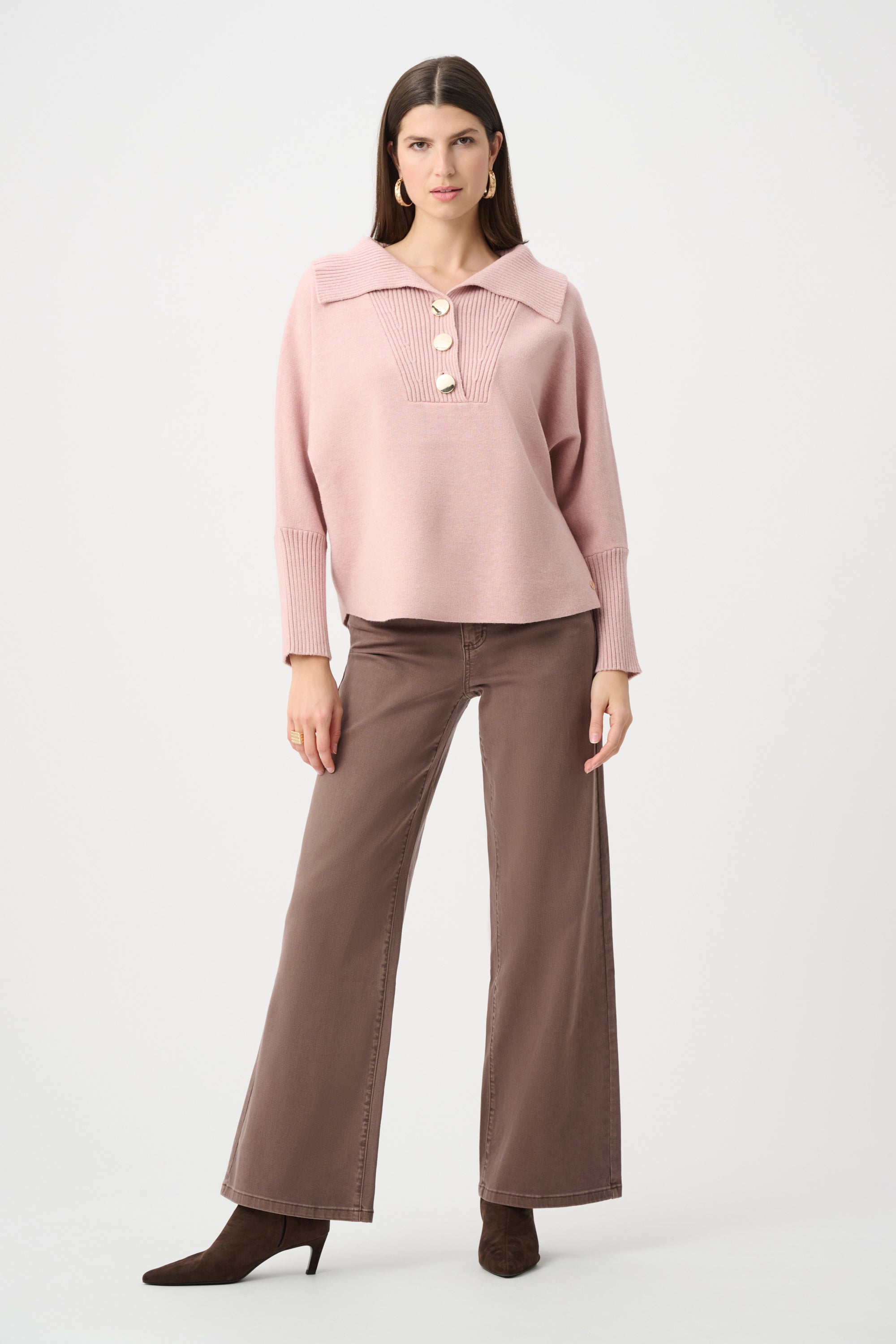 BRUSHED VISCOSE AND NYLON SHAWL NECK SWEATER IN SOFT BLUSH