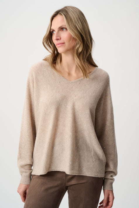 CASHMERE BOXY SWEATER WITH RHINESTONE DETAIL IN OATMEAL