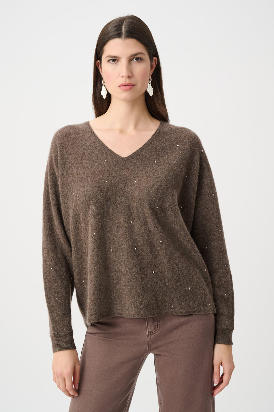 CASHMERE BOXY SWEATER WITH RHINESTONE DETAIL IN DARK TAUPE