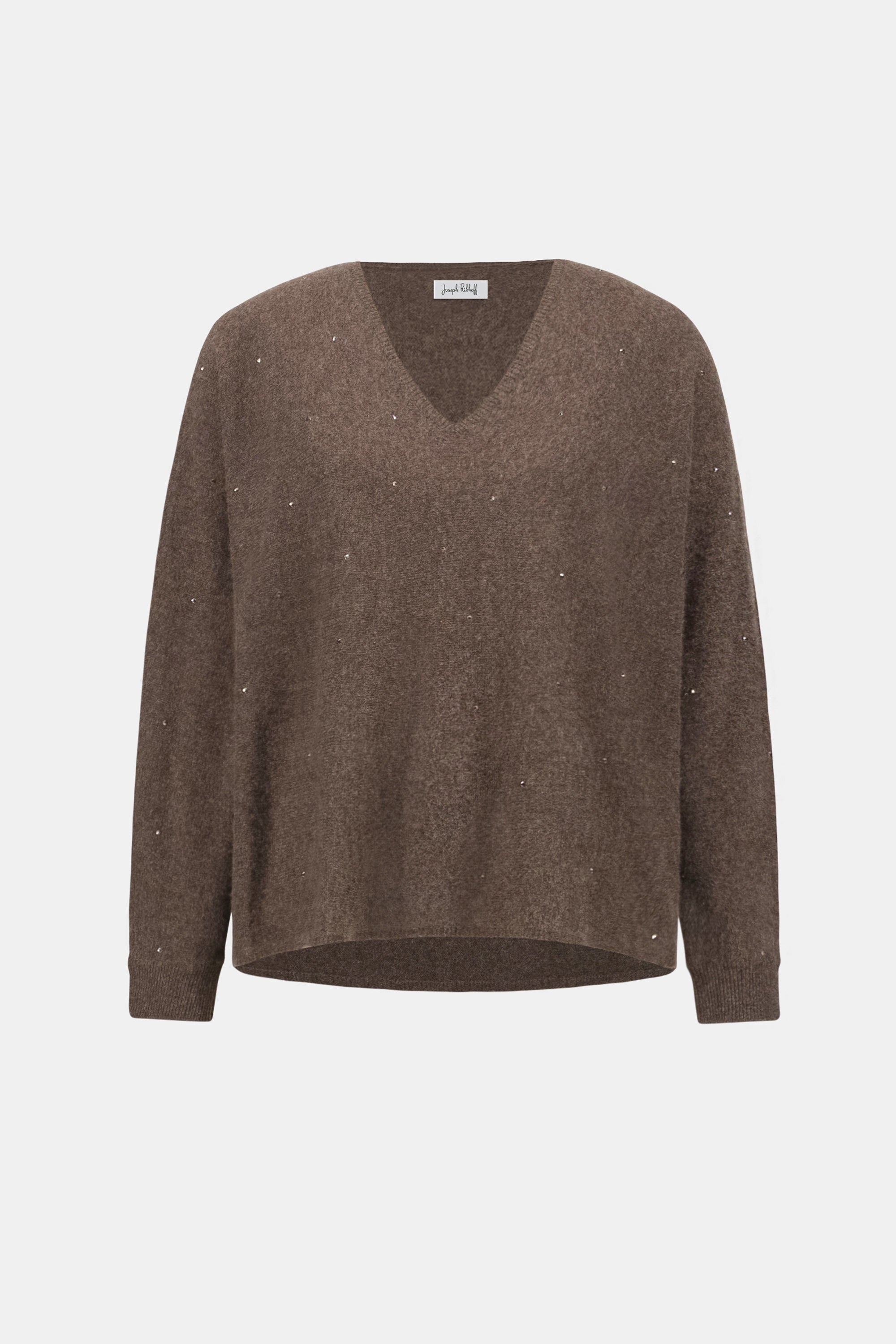 CASHMERE BOXY SWEATER WITH RHINESTONE DETAIL IN DARK TAUPE