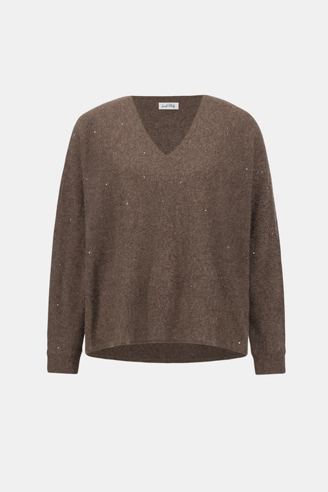 CASHMERE BOXY SWEATER WITH RHINESTONE DETAIL IN DARK TAUPE