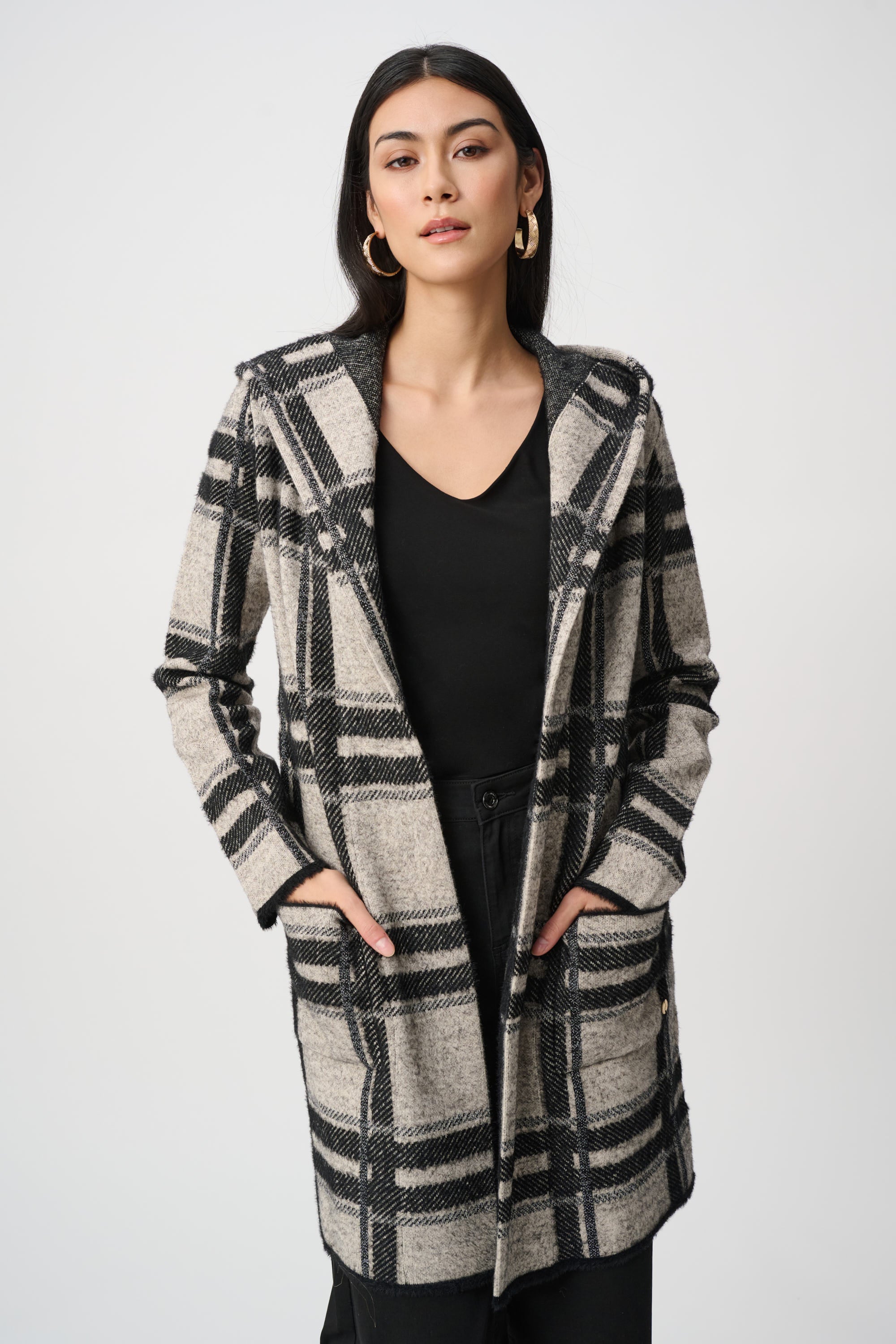 BRUSHED JACQUARD PLAID HOODED JACKET