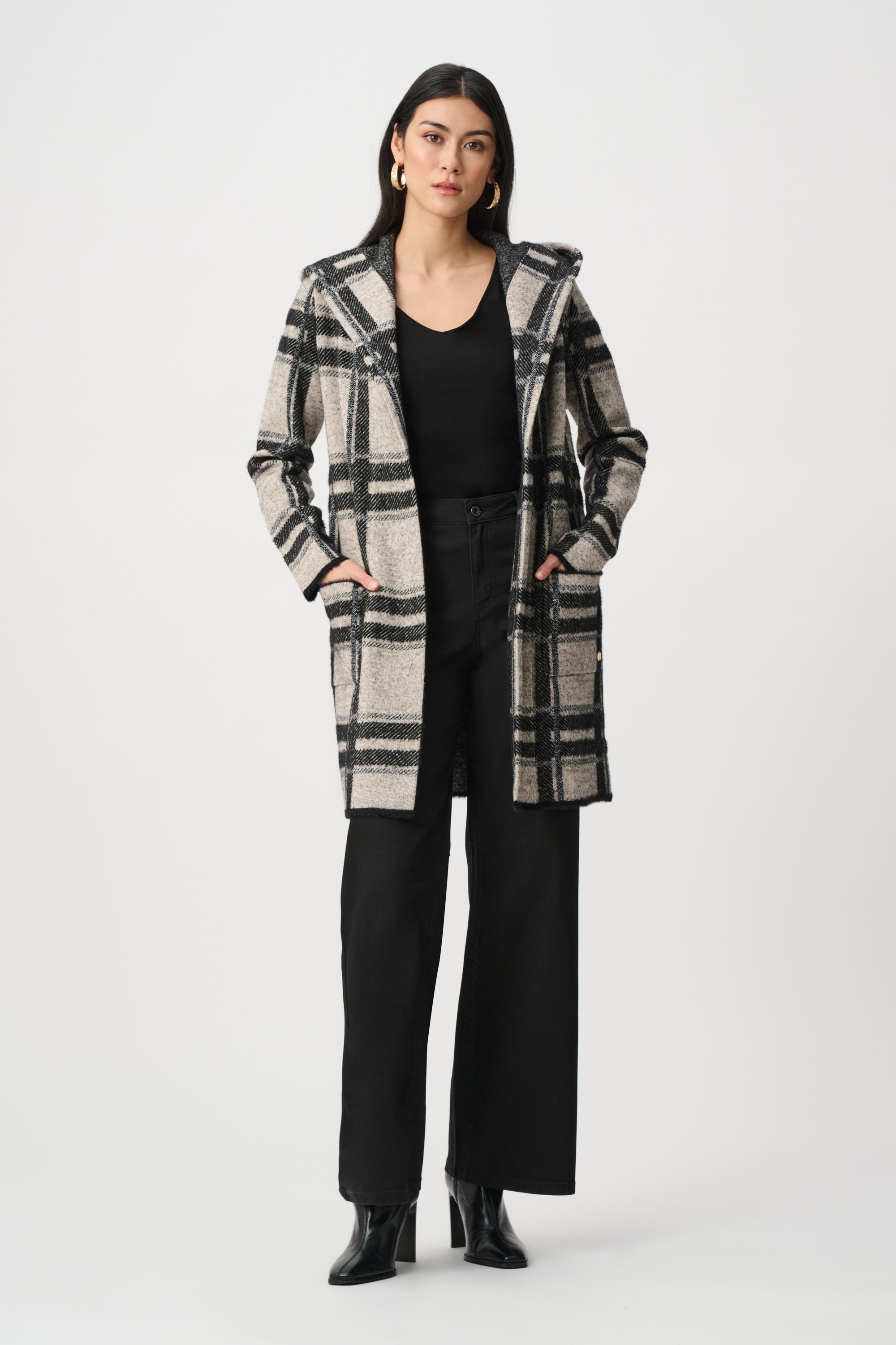 BRUSHED JACQUARD PLAID HOODED JACKET