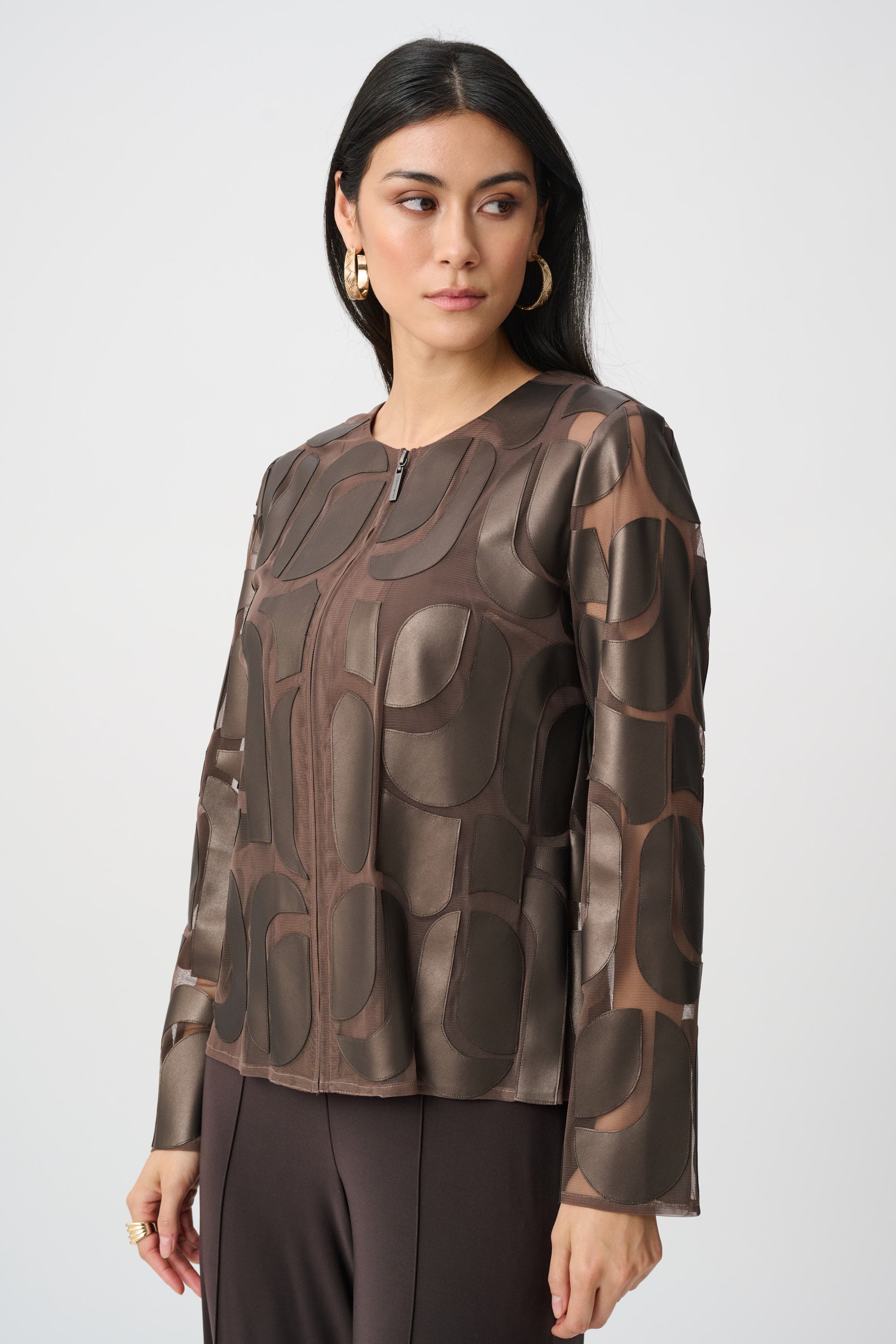LEATHERETTE AND MESH EMBROIDERED JACKET