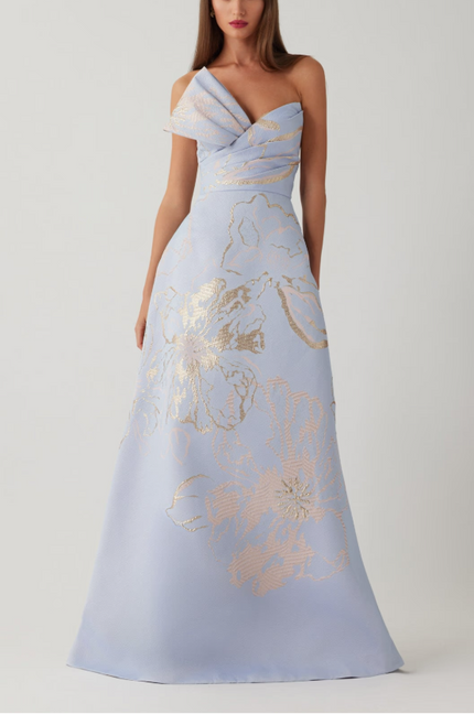 METALLIC JACQUARD STRAPLESS SIDE BOW ALINE SKIRT GOWN