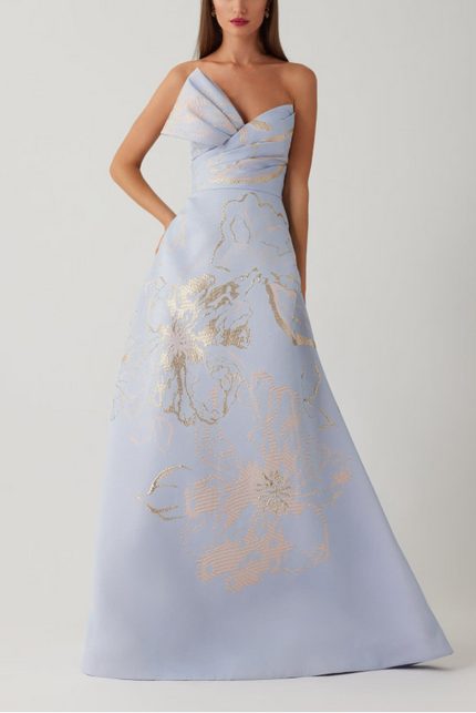 METALLIC JACQUARD STRAPLESS SIDE BOW ALINE SKIRT GOWN