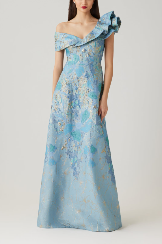 METALLIC JACQUARD RUFFLE OFF THE SHOULDER ALINE GOWN