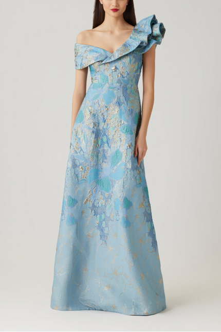 METALLIC JACQUARD RUFFLE OFF THE SHOULDER ALINE GOWN