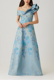 METALLIC JACQUARD RUFFLE OFF THE SHOULDER ALINE GOWN