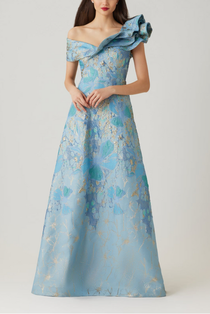 METALLIC JACQUARD RUFFLE OFF THE SHOULDER ALINE GOWN