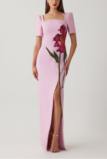 CREPE FLOWER PRINT SHORT SLEEVE COLUMN GOWN