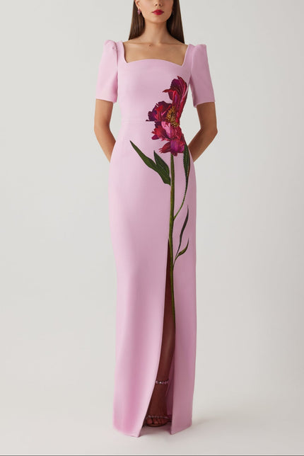 CREPE FLOWER PRINT SHORT SLEEVE COLUMN GOWN