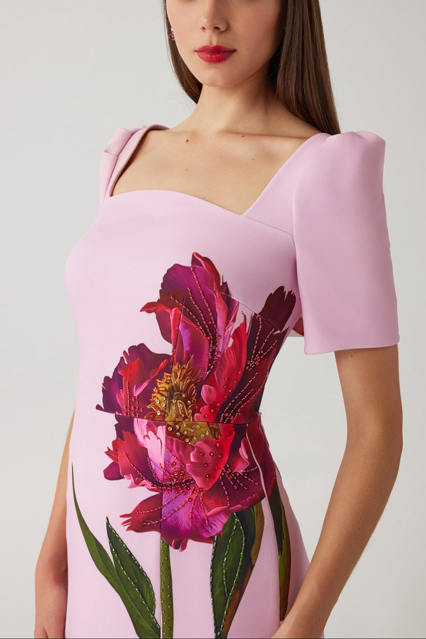 CREPE FLOWER PRINT SHORT SLEEVE COLUMN GOWN