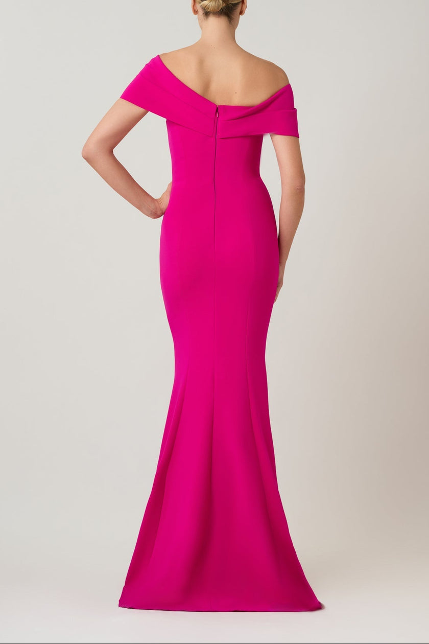 SCUBA OFF THE SHOULDER CUFF ASYMMETRICAL GODET GOWN