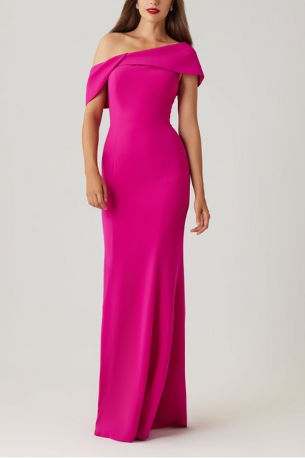 SCUBA OFF THE SHOULDER CUFF ASYMMETRICAL GODET GOWN