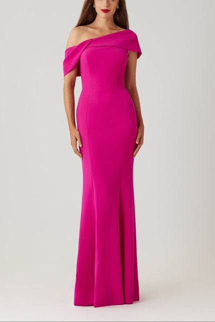 SCUBA OFF THE SHOULDER CUFF ASYMMETRICAL GODET GOWN