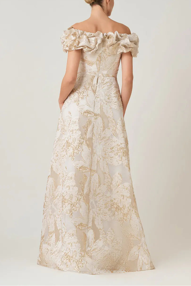 METALLIC JACQUARD OFF THE SHOULDER GOWN