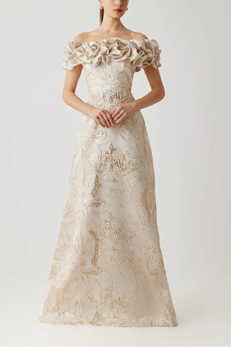 METALLIC JACQUARD OFF THE SHOULDER GOWN