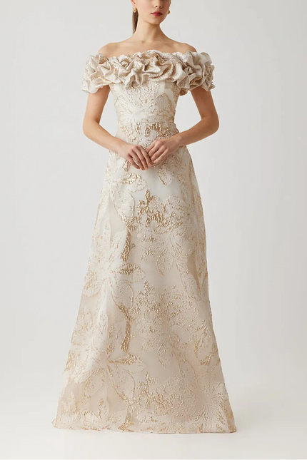 METALLIC JACQUARD OFF THE SHOULDER GOWN