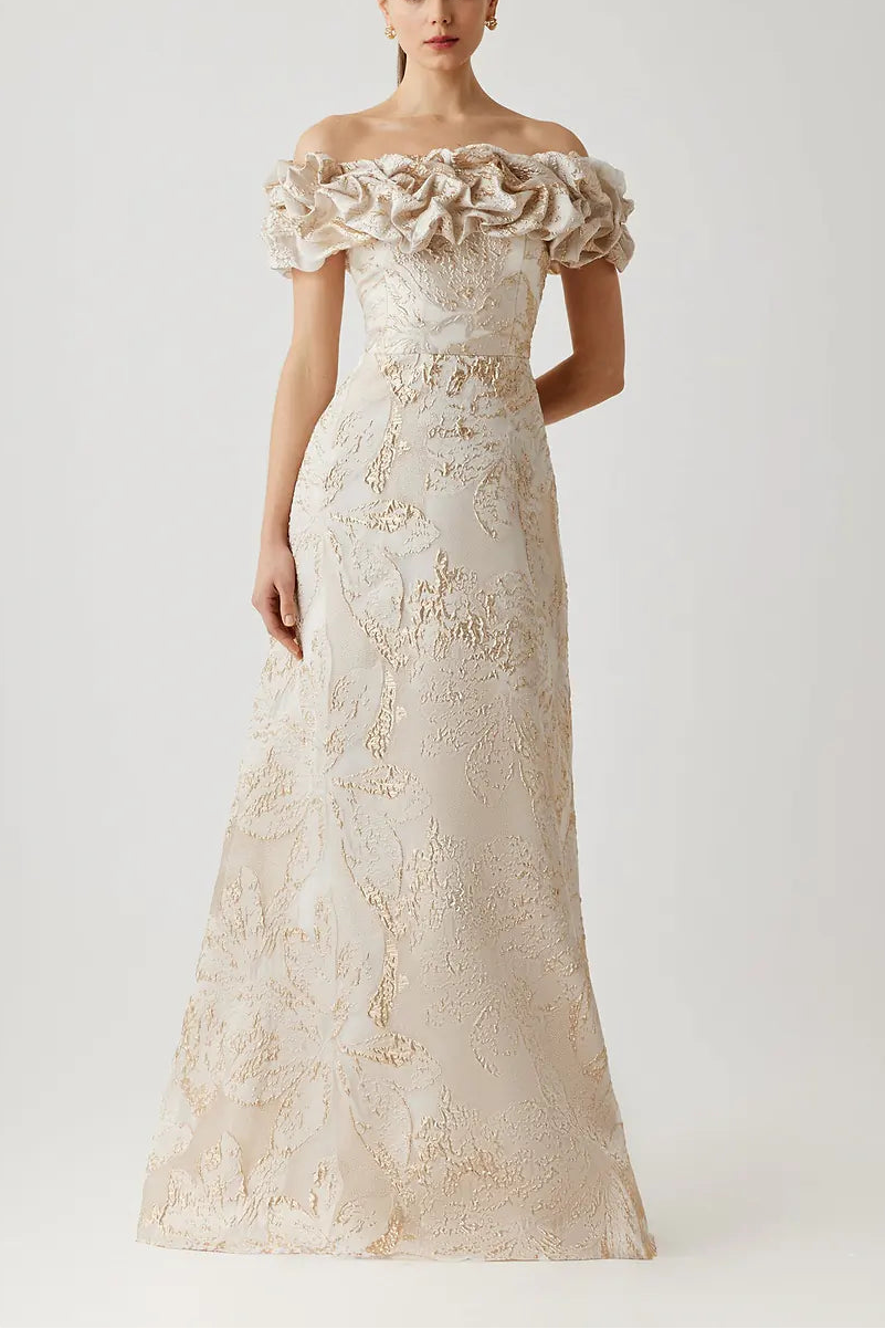 METALLIC JACQUARD OFF THE SHOULDER GOWN