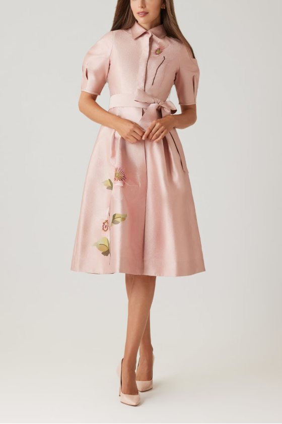 SHIMMER JACQUARD EMBROIDERED FLOWER SHIRT DRESS