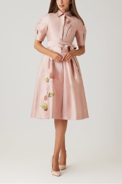 SHIMMER JACQUARD EMBROIDERED FLOWER SHIRT DRESS