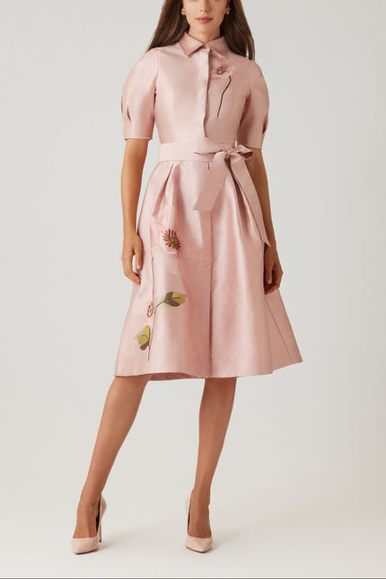 SHIMMER JACQUARD EMBROIDERED FLOWER SHIRT DRESS