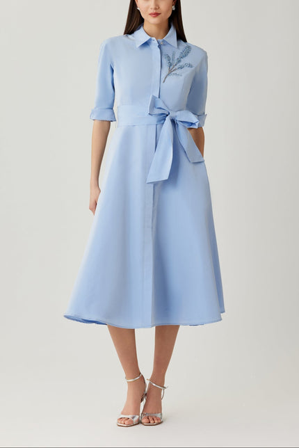 TAFFETA DROP WAIST BEAD TRIM SHIRT DRESS