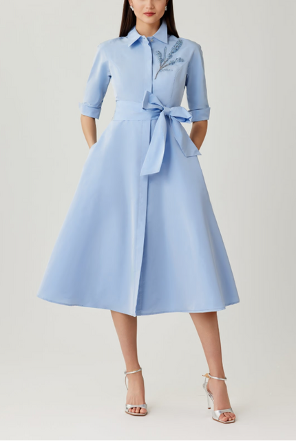 TAFFETA DROP WAIST BEAD TRIM SHIRT DRESS