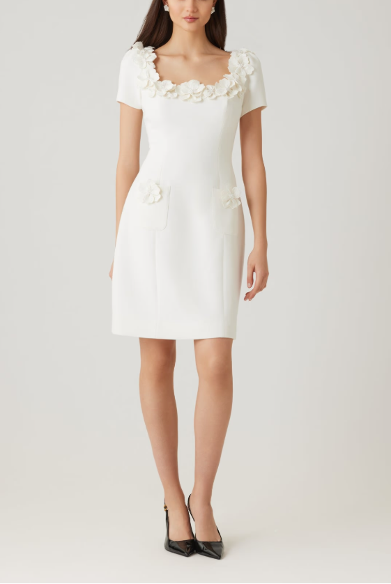 CREPE 3D FLOWER AND PEARL TRIM SCOOP NECK DRESS