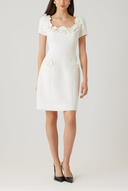 CREPE 3D FLOWER AND PEARL TRIM SCOOP NECK DRESS