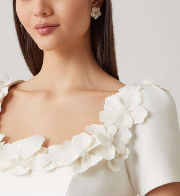 CREPE 3D FLOWER AND PEARL TRIM SCOOP NECK DRESS